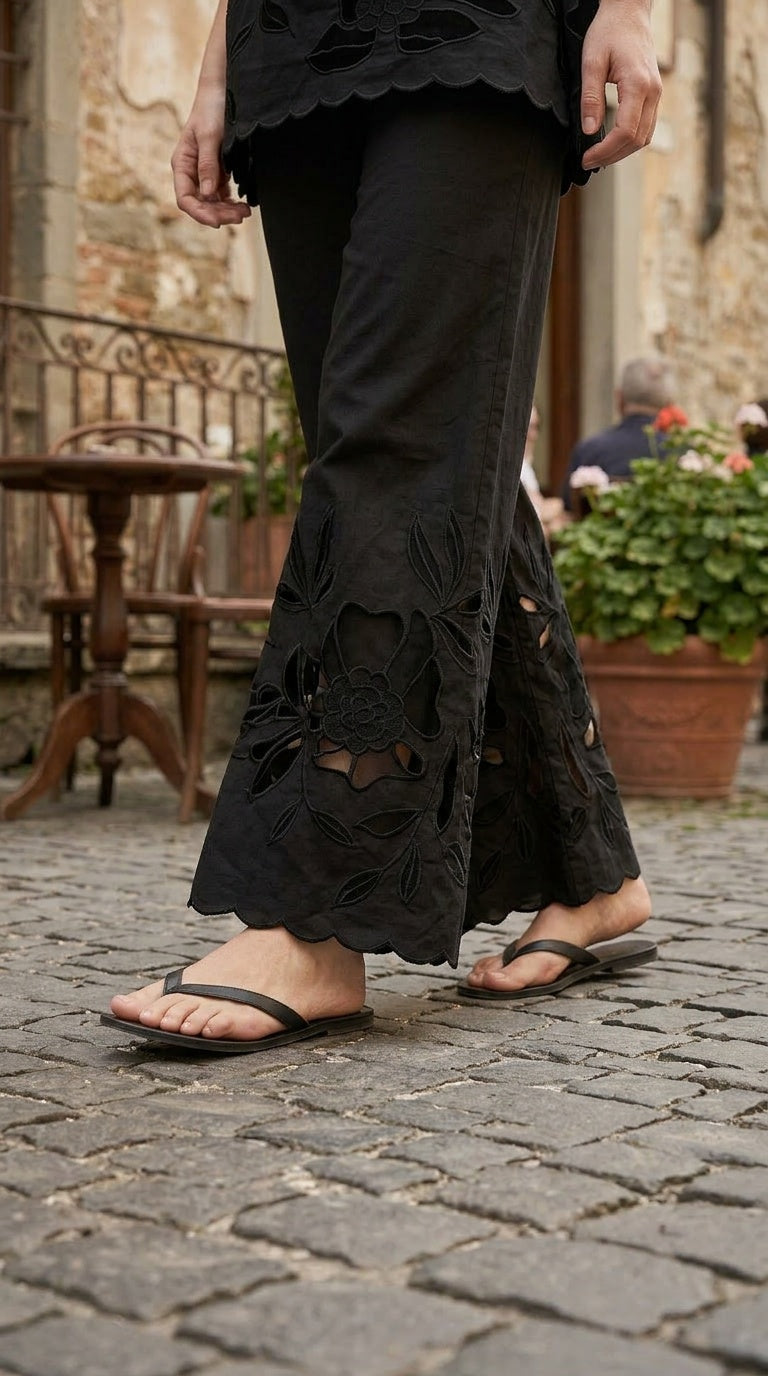 Women's Black Cotton Cambric Floral Cutwork Embroidered Pants