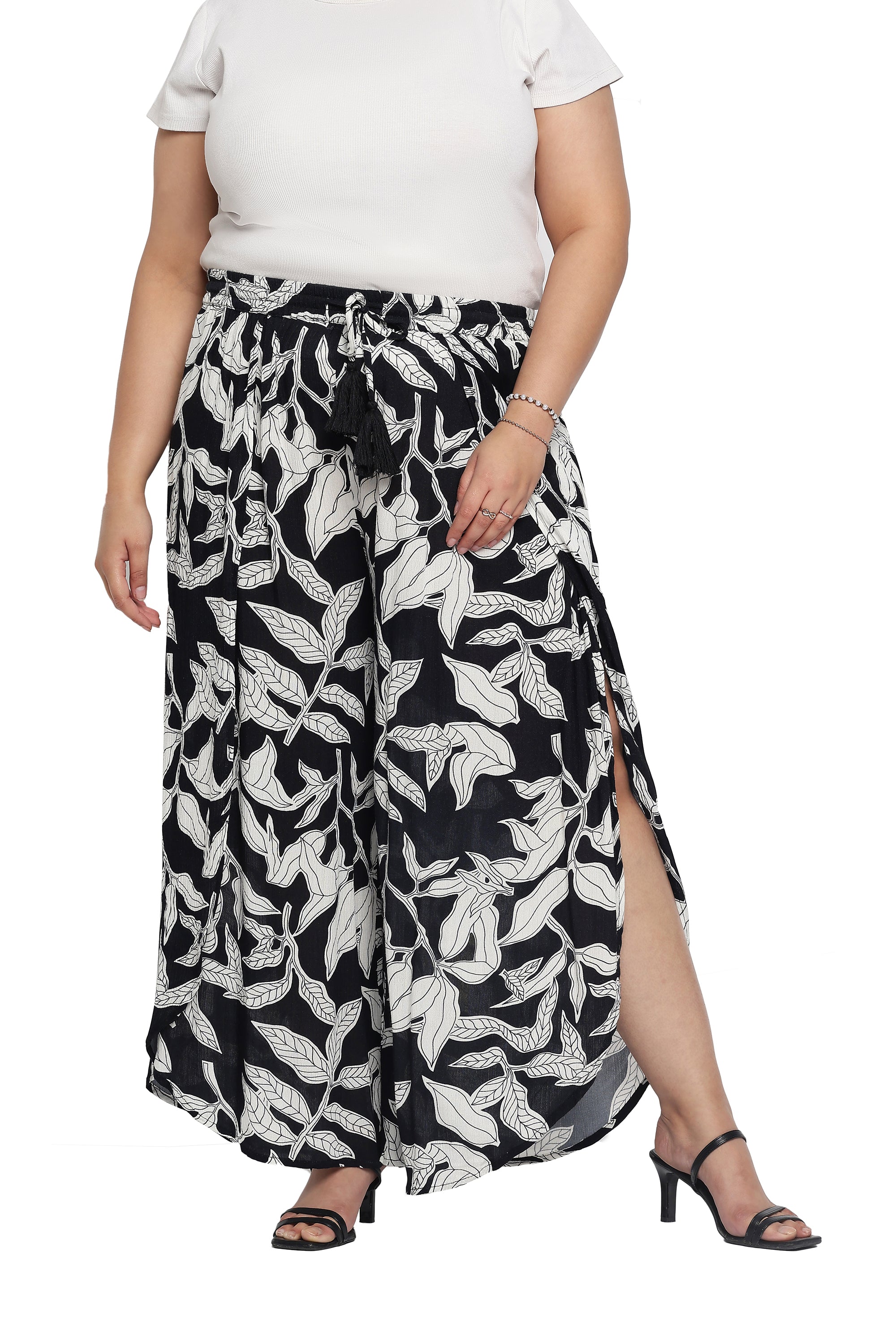 Leaf Print Black And White Rayon Crepe Pant For Women