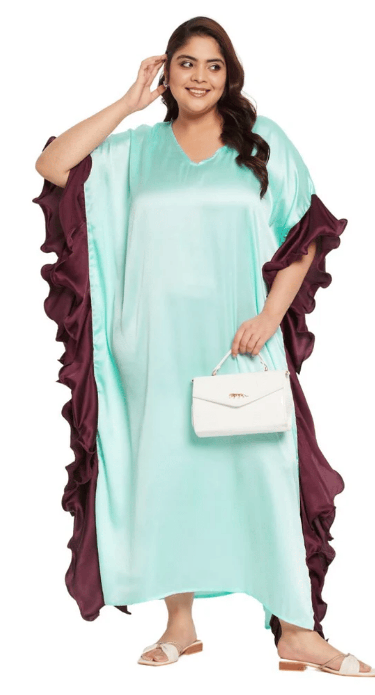 GypsieBlu Blue & Sky Plus Size Satin Kaftan Dress for Women 3/4 Sleeve 1X-3X