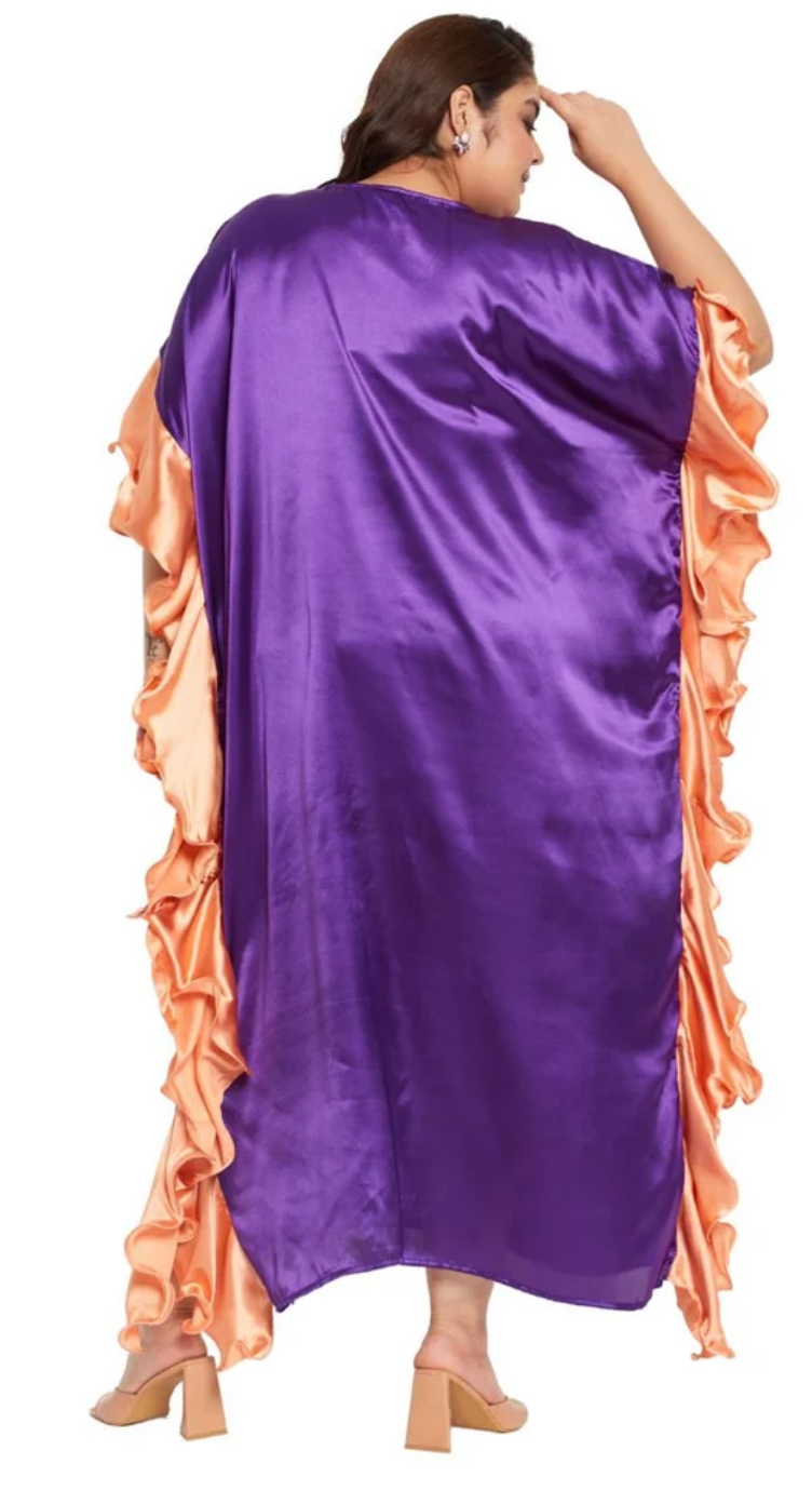 Purple Ruffled Peach-Ruffle Satin Plus Size Kaftan Dress for Women 1X-3X 3/4 Sleeve | GypsieBlu