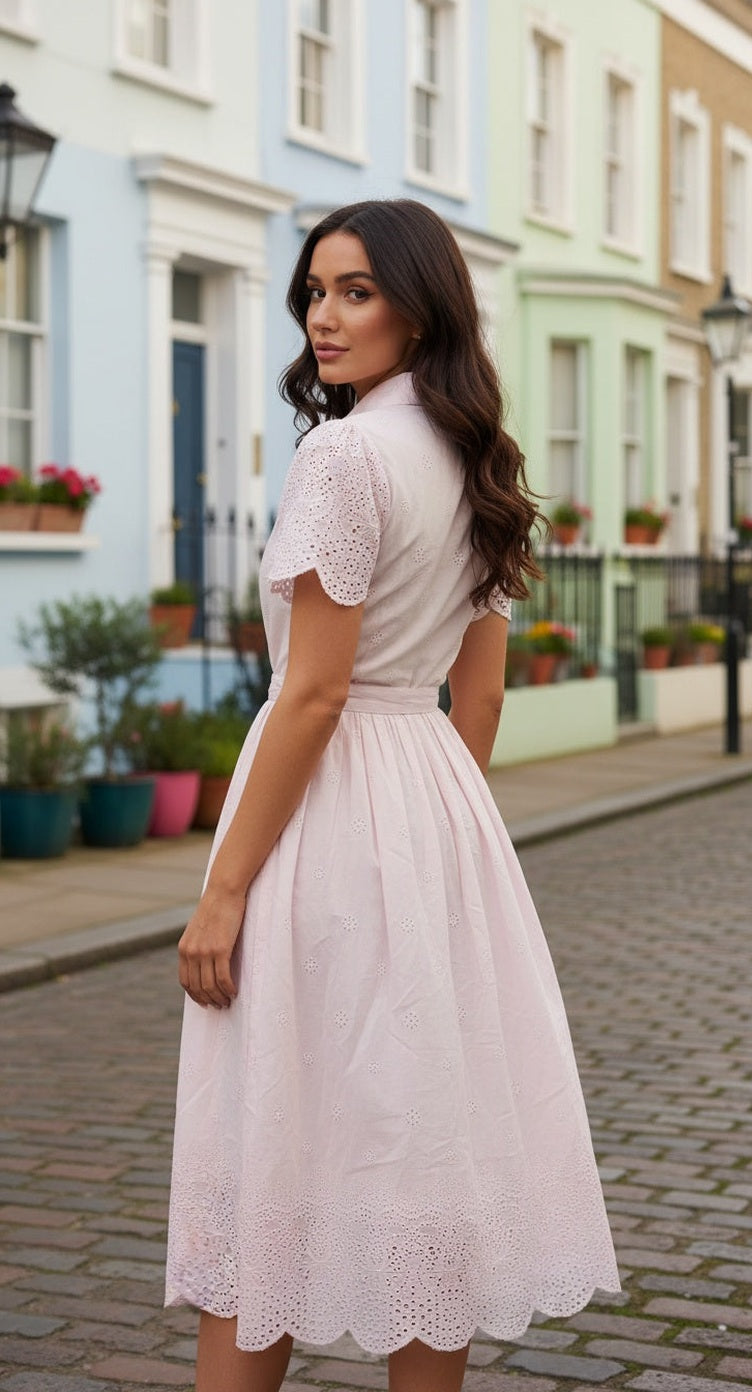 Women Pink Eyelet Embroidered Shirt Collar Dress with Belt - S M L XL - SKU UV-S26-27 S - Gypsie Blu