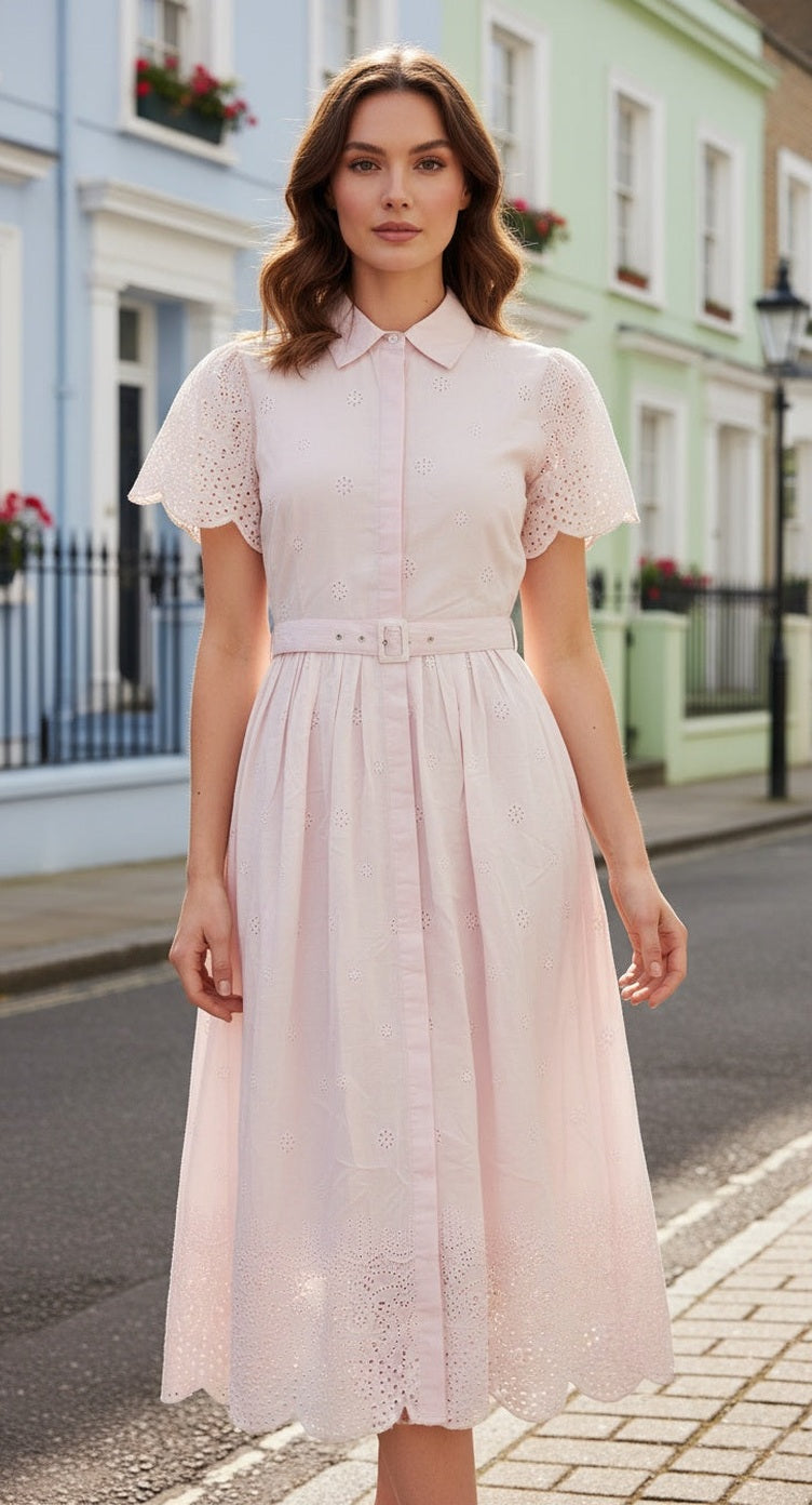 Women Pink Eyelet Embroidered Shirt Collar Dress with Belt - S M L XL - SKU UV-S26-27 S - Gypsie Blu