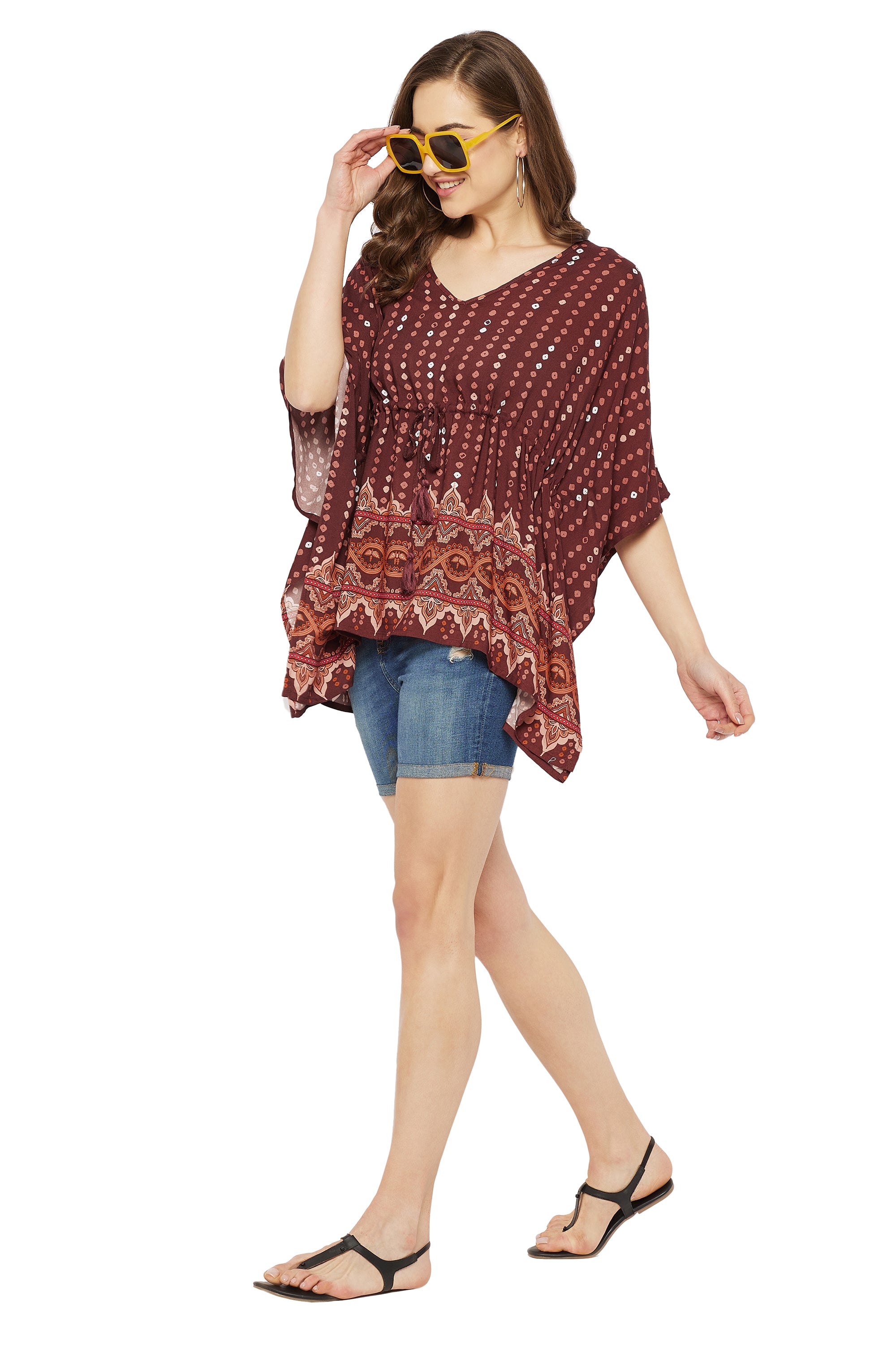 Brown polka dot rayon embellished tunic top with