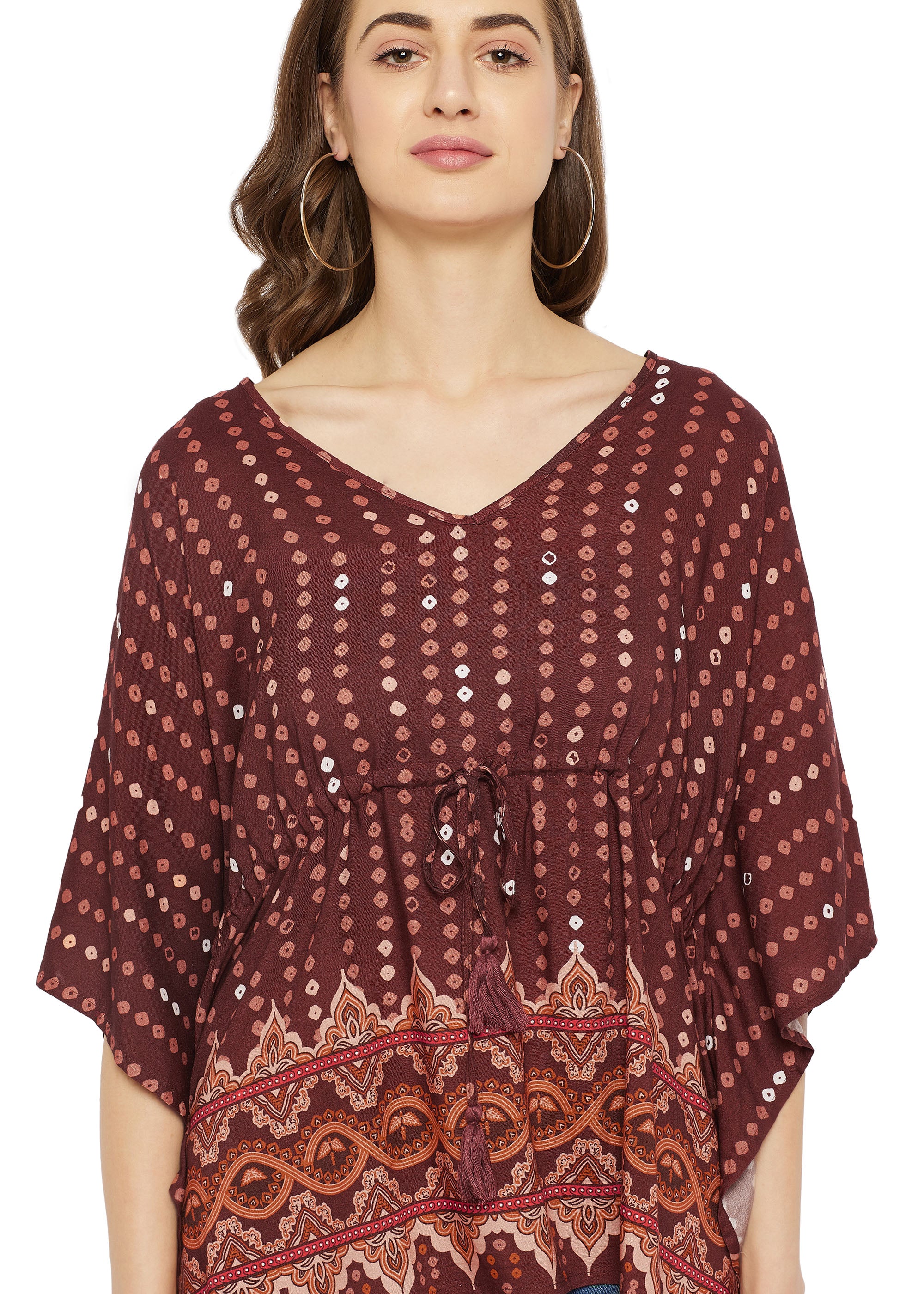 Brown polka dot rayon embellished tunic top with