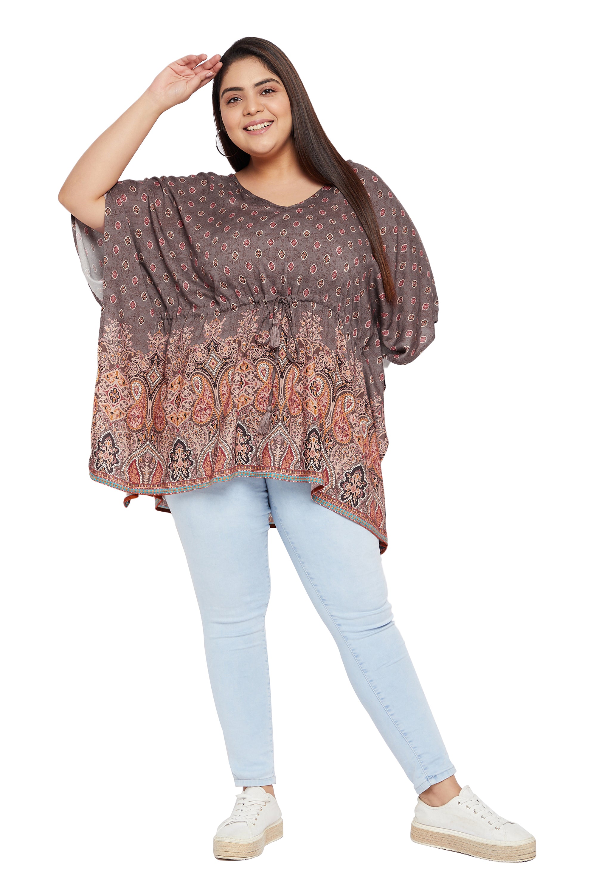 Fascinating brown patterned polka dot rayon plus size tunic top