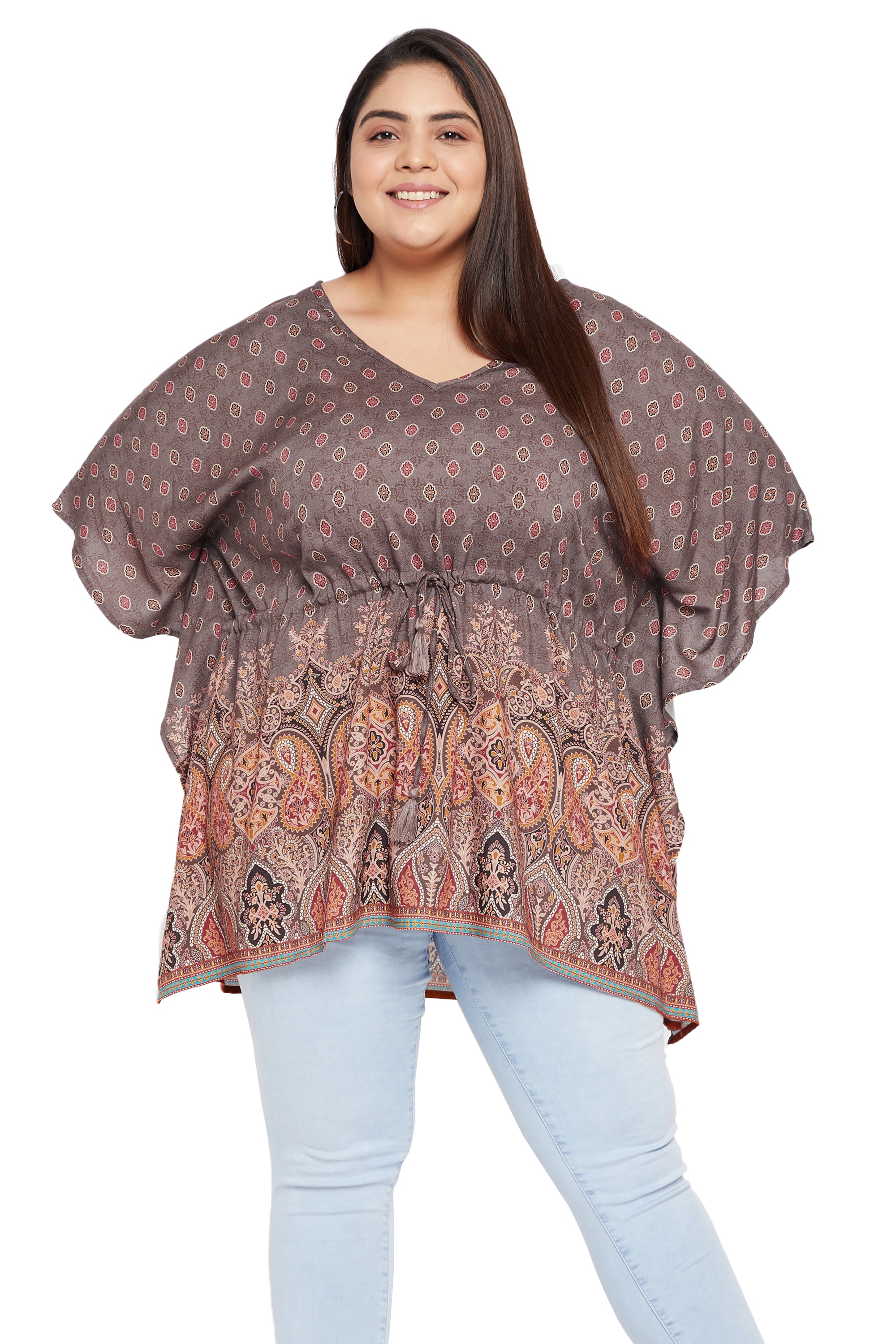 Fascinating brown patterned polka dot rayon plus size tunic top