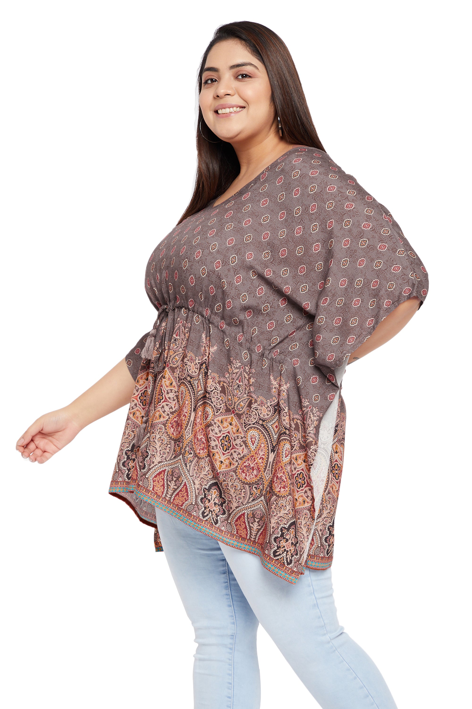 Fascinating brown patterned polka dot rayon plus size tunic top