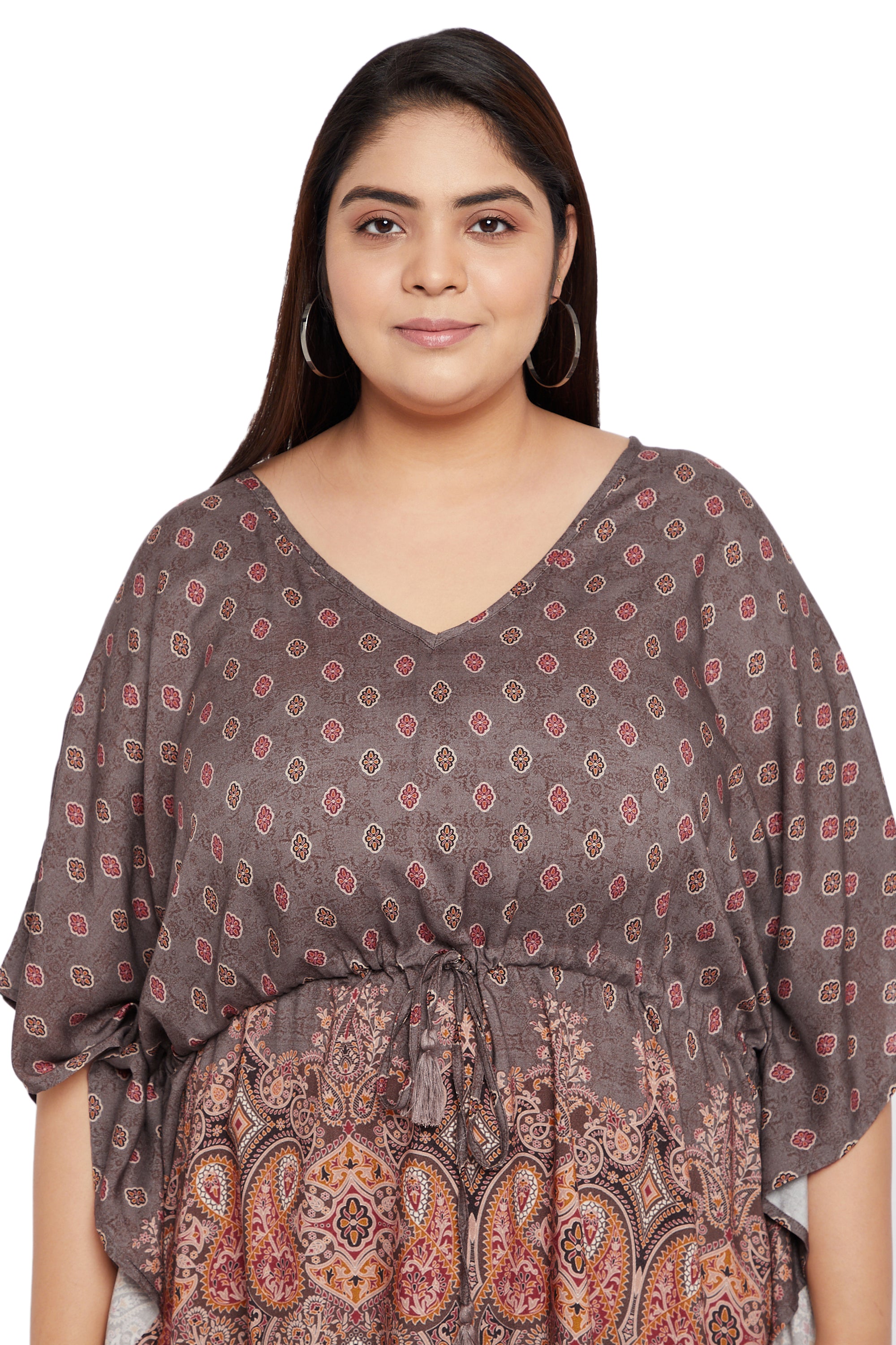 Fascinating brown patterned polka dot rayon plus size tunic top