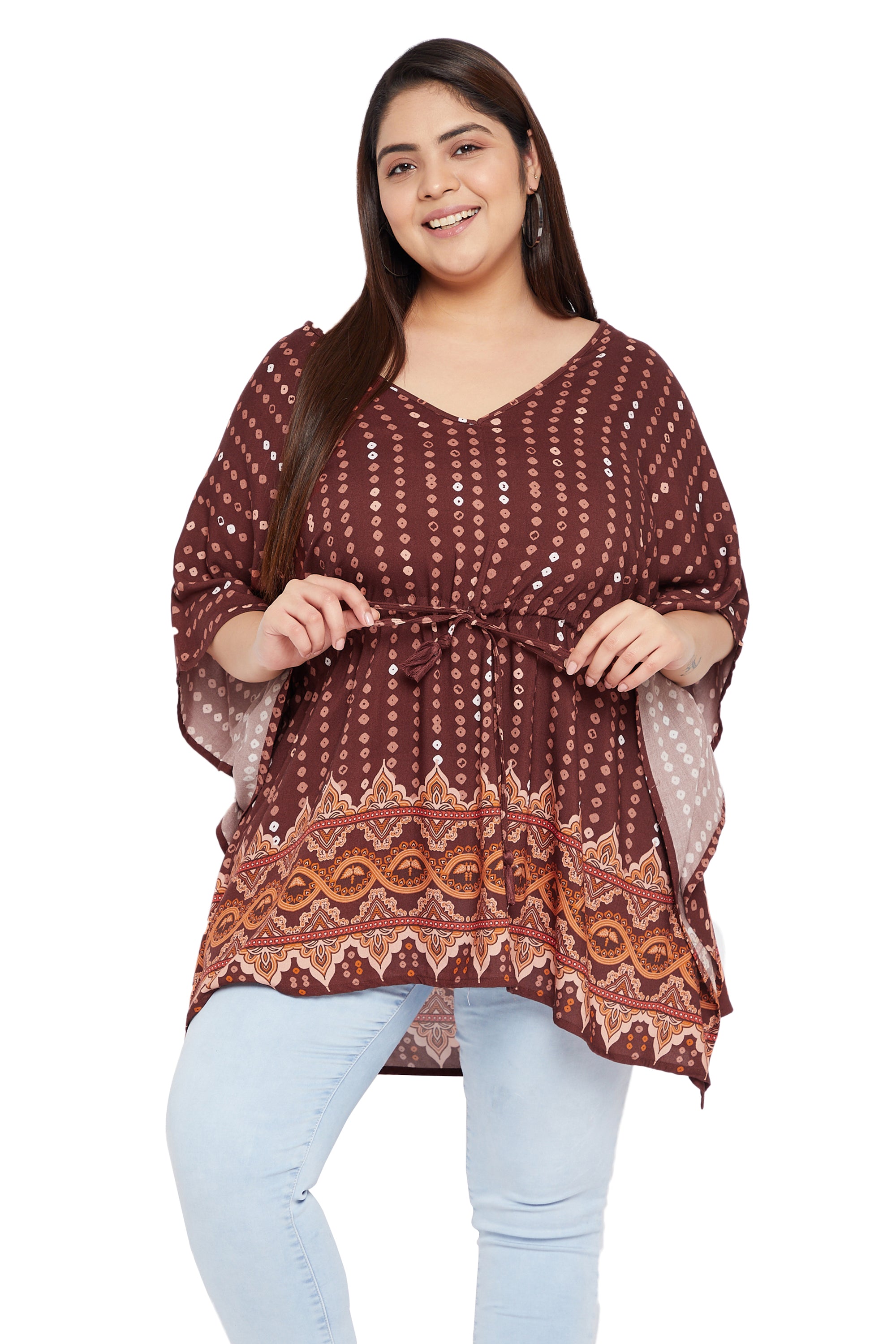 Plus size brown polka dotted elegant rayon tunic top for women
