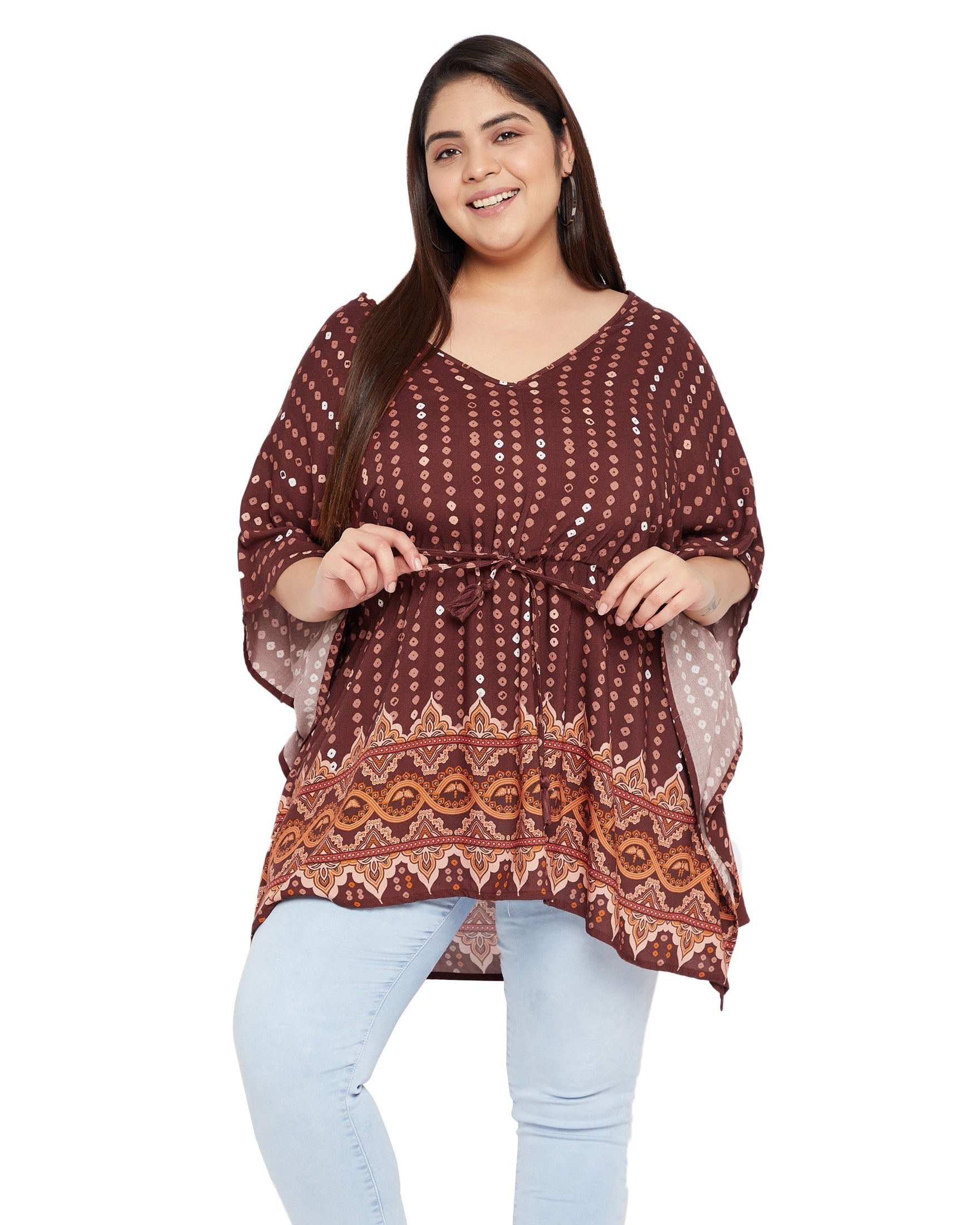 Brown Polka Dotted Elegant Rayon Tunic Top For Women