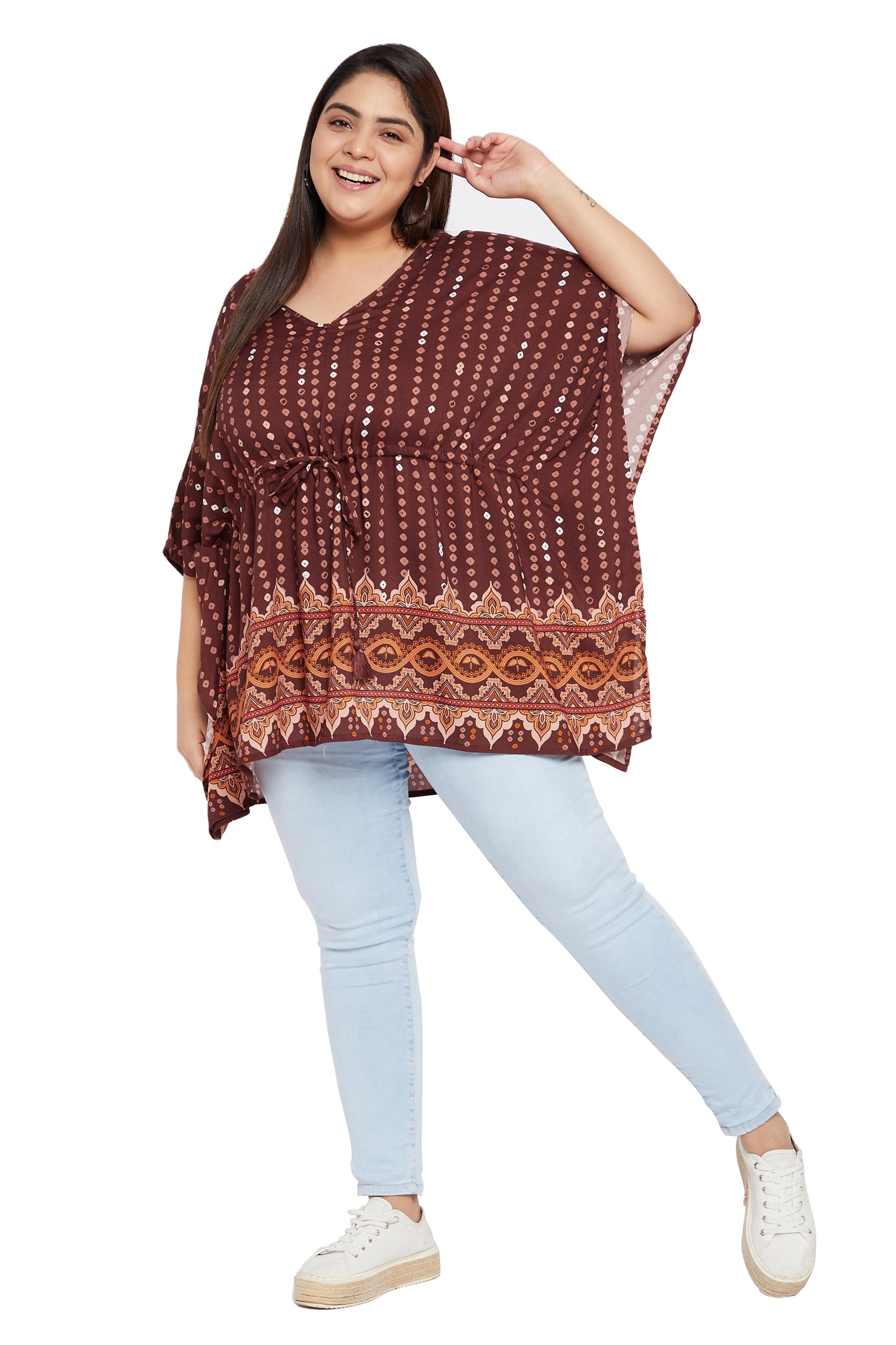 Plus size brown polka dotted elegant rayon tunic top for women