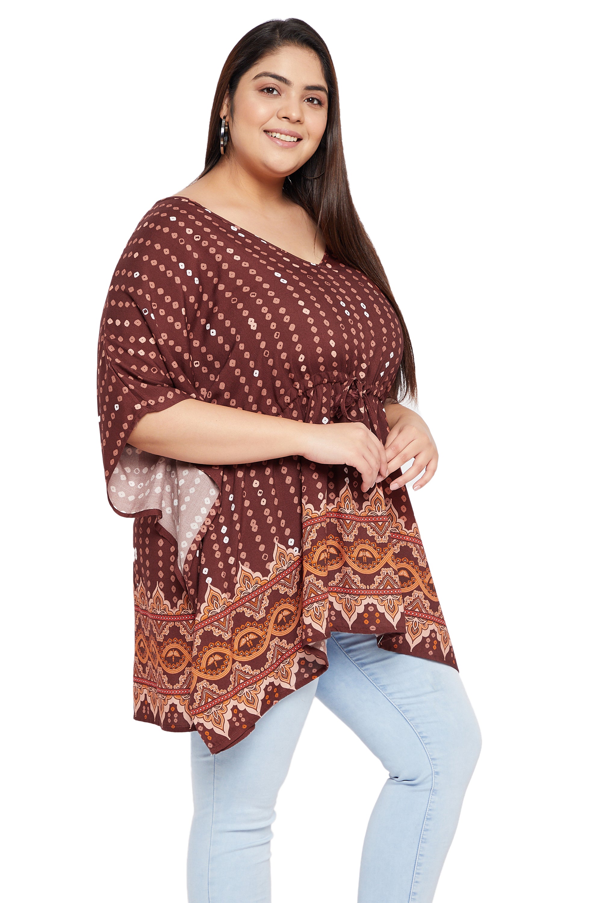 Plus size brown polka dotted elegant rayon tunic top for women