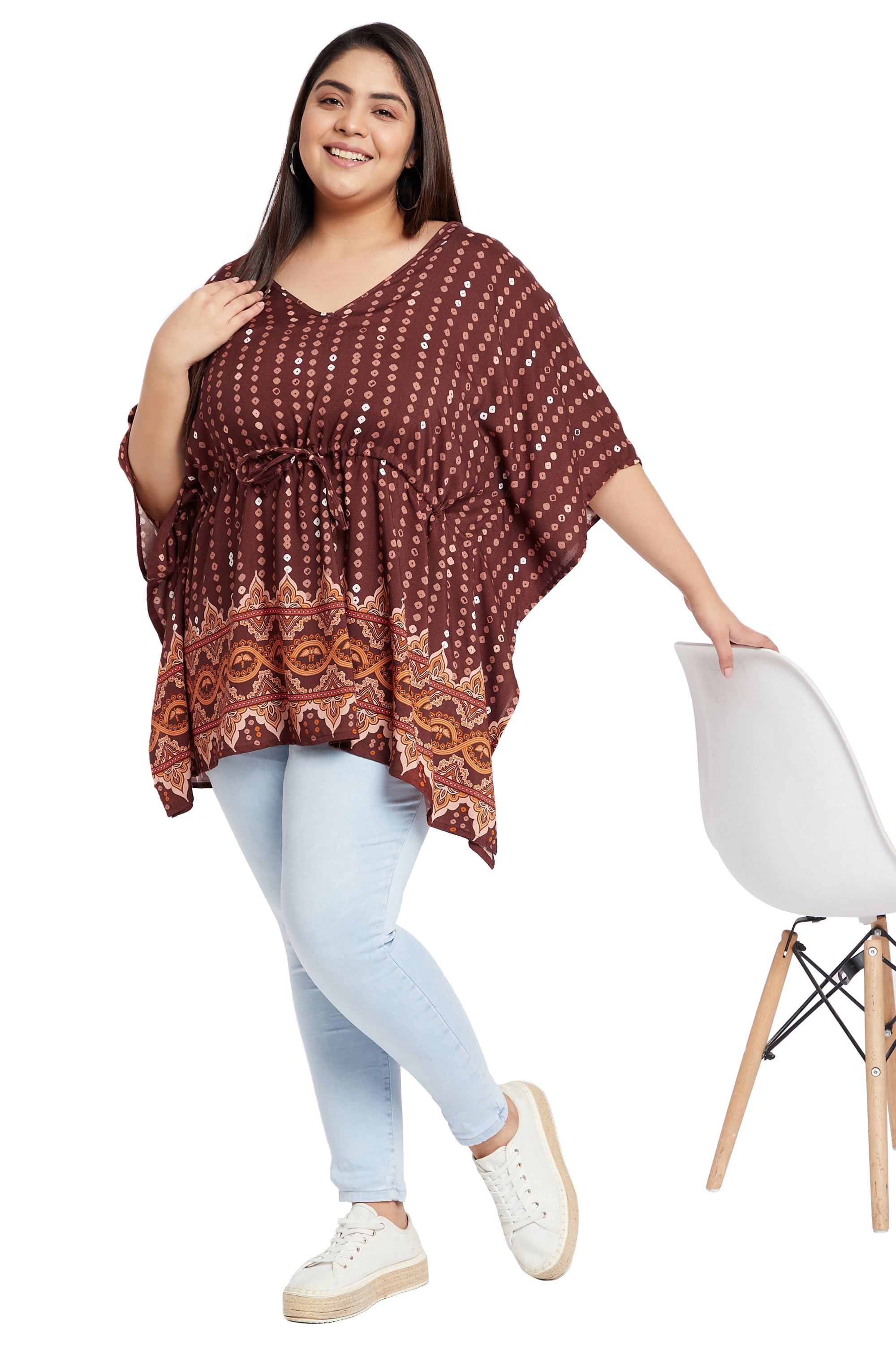 Plus size brown polka dotted elegant rayon tunic top for women