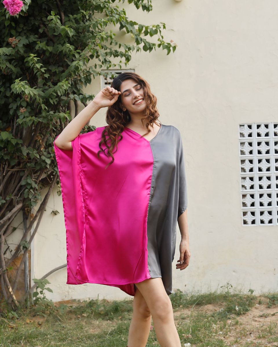 Double Color Satin Kimono Sleeve Plus Size Tunic For Women