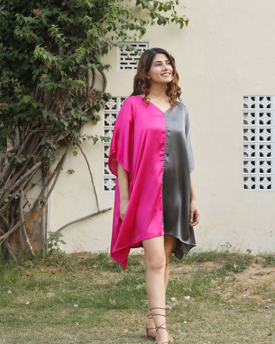 Double Color Satin Kimono Sleeve Plus Size Tunic For Women