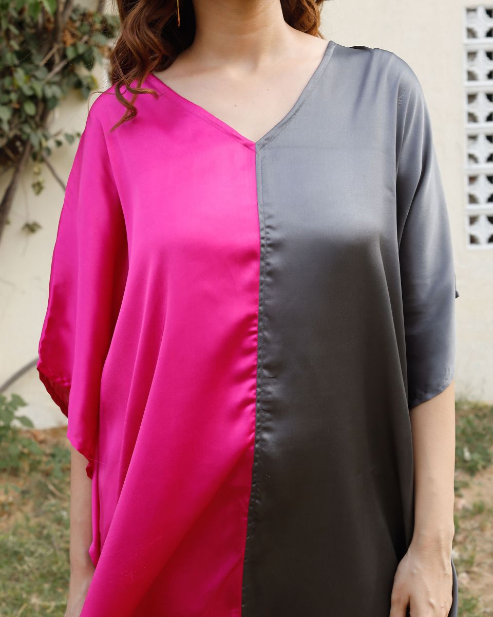 Double Color Satin Kimono Sleeve Plus Size Tunic For Women