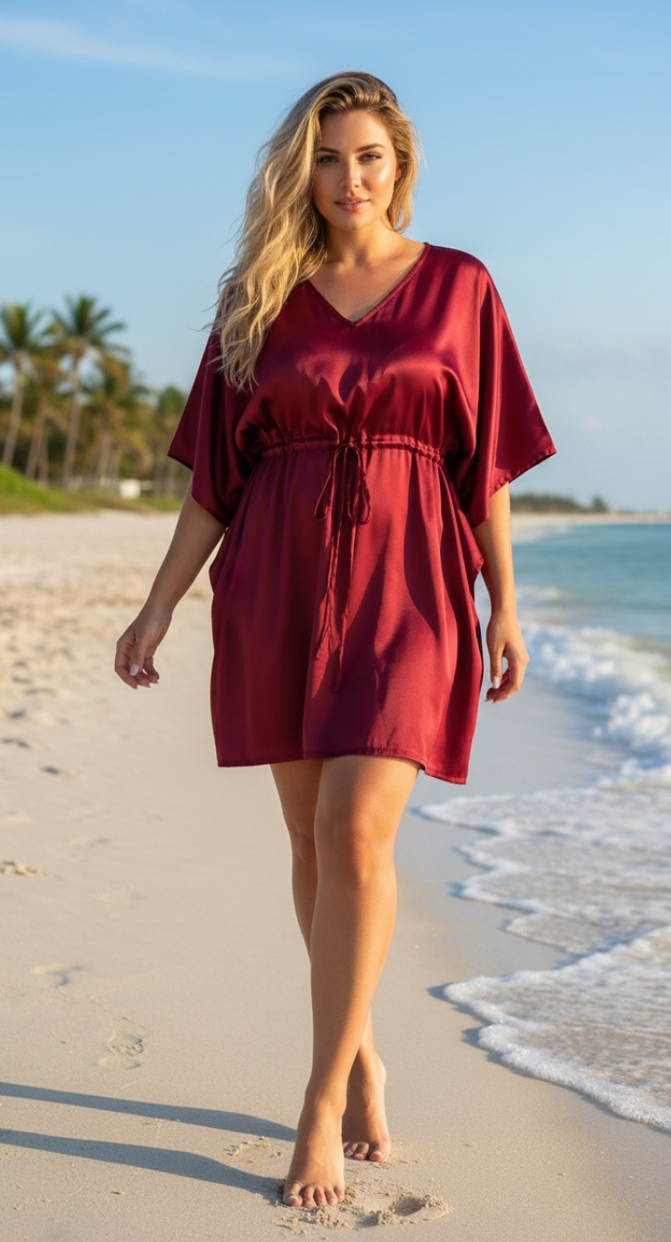 Jester Solid Red Satin Tunic Plus Size Top For Women