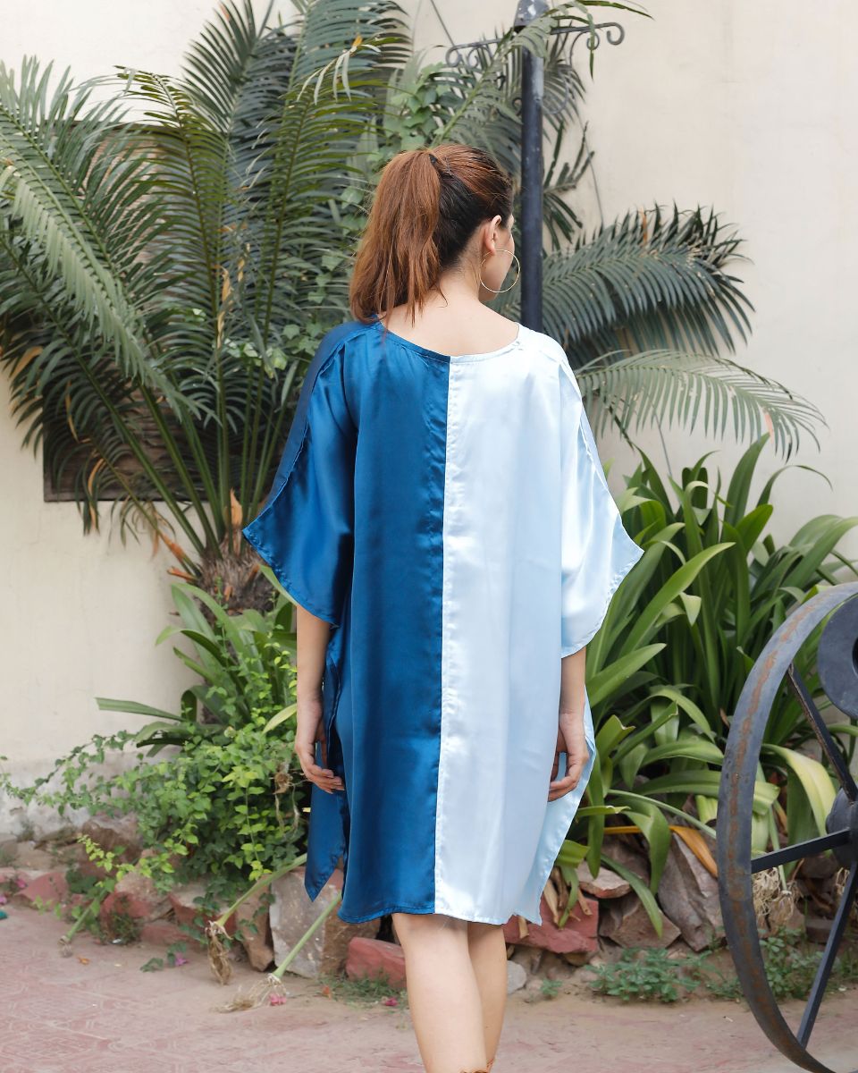 White And Blue Poly Satin Plus Size Beach Wear Tunic For Women