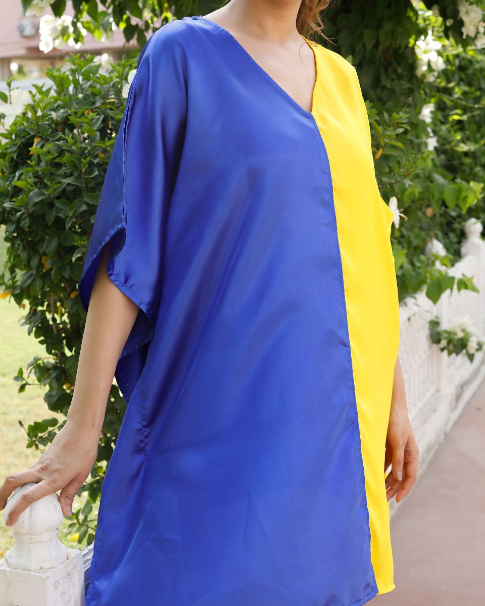 Blue Yellow Plus Size Solid Pattern V-Neck Satin Tunic For Women