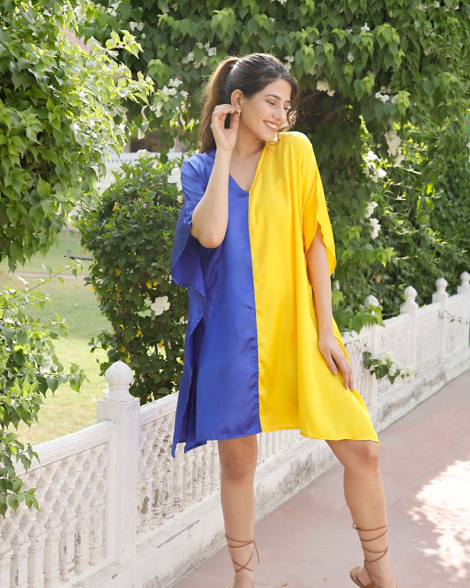 Blue Yellow Plus Size Solid Pattern V-Neck Satin Tunic For Women