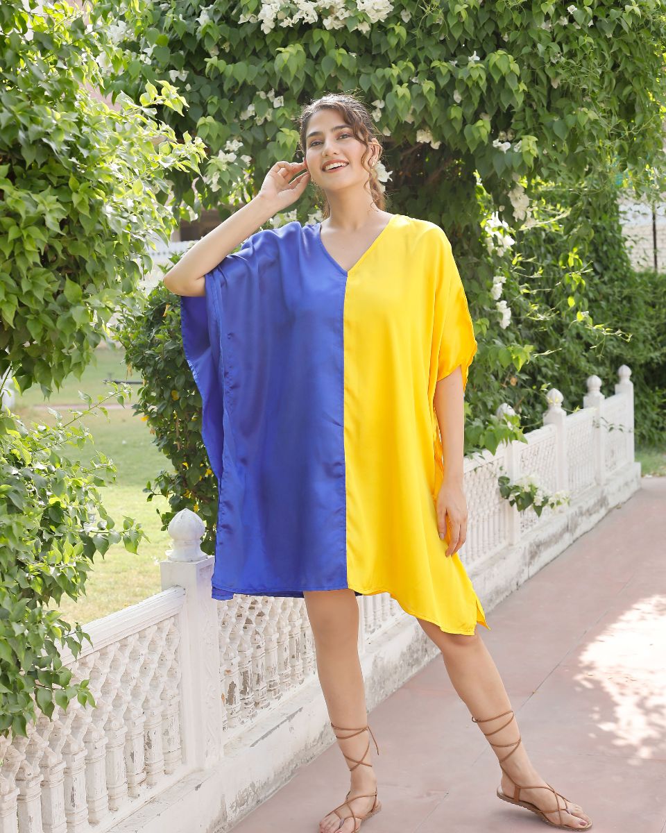 Blue Yellow Plus Size Solid Pattern V-Neck Satin Tunic For Women