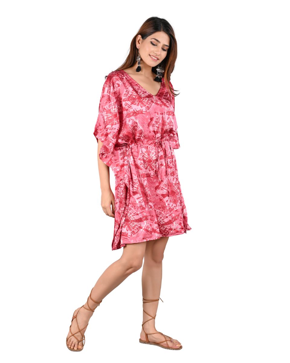 Pink Satin Plus Size Tie Dye Pattern Tunic Dress For Women