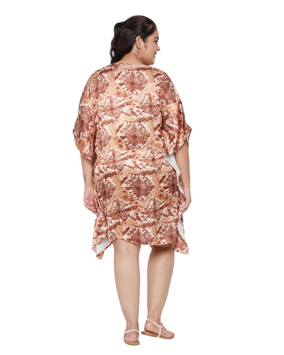 Brown Poly Satin Printed Plus Size Mini Tunic For Women