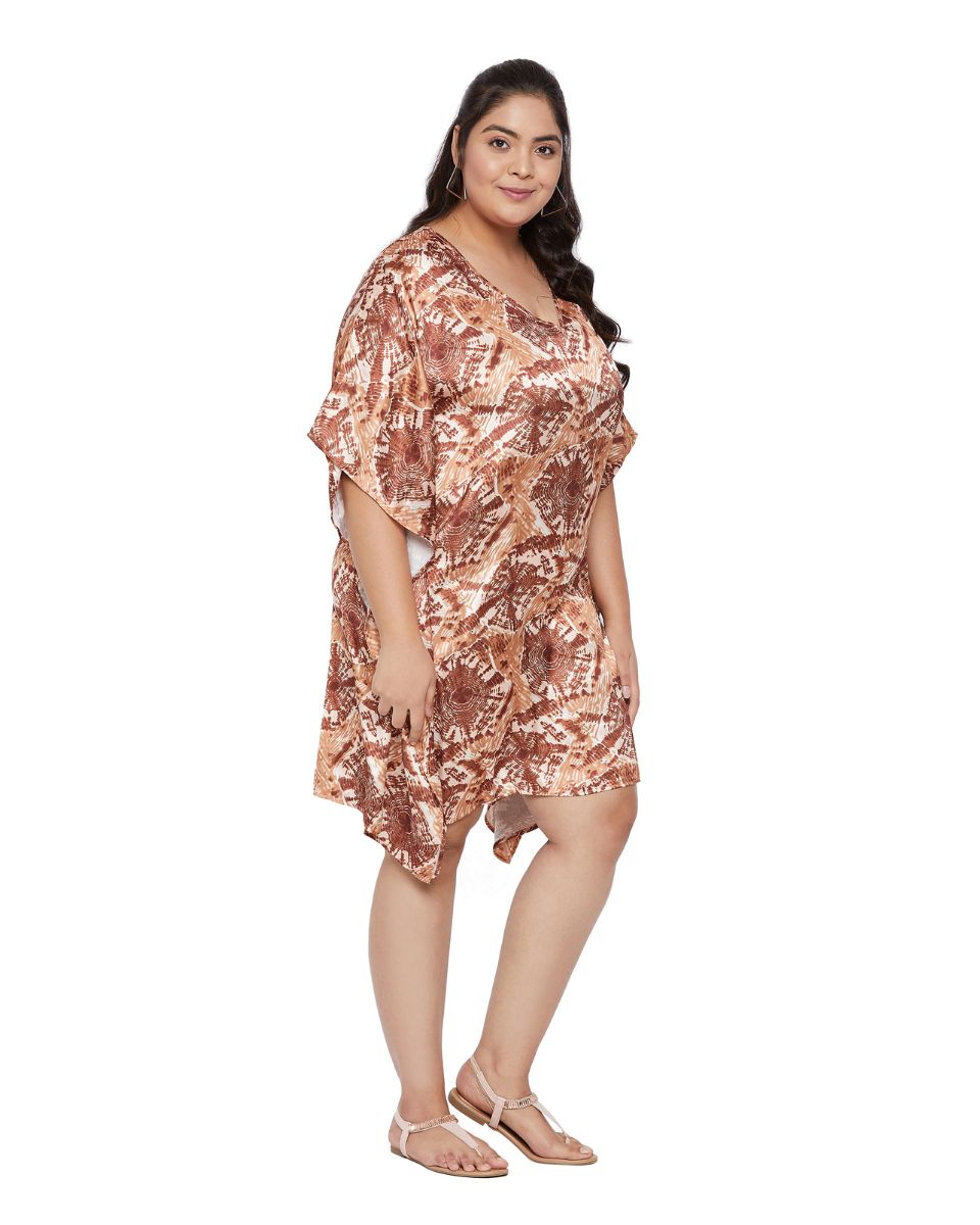 Brown Poly Satin Printed Plus Size Mini Tunic For Women