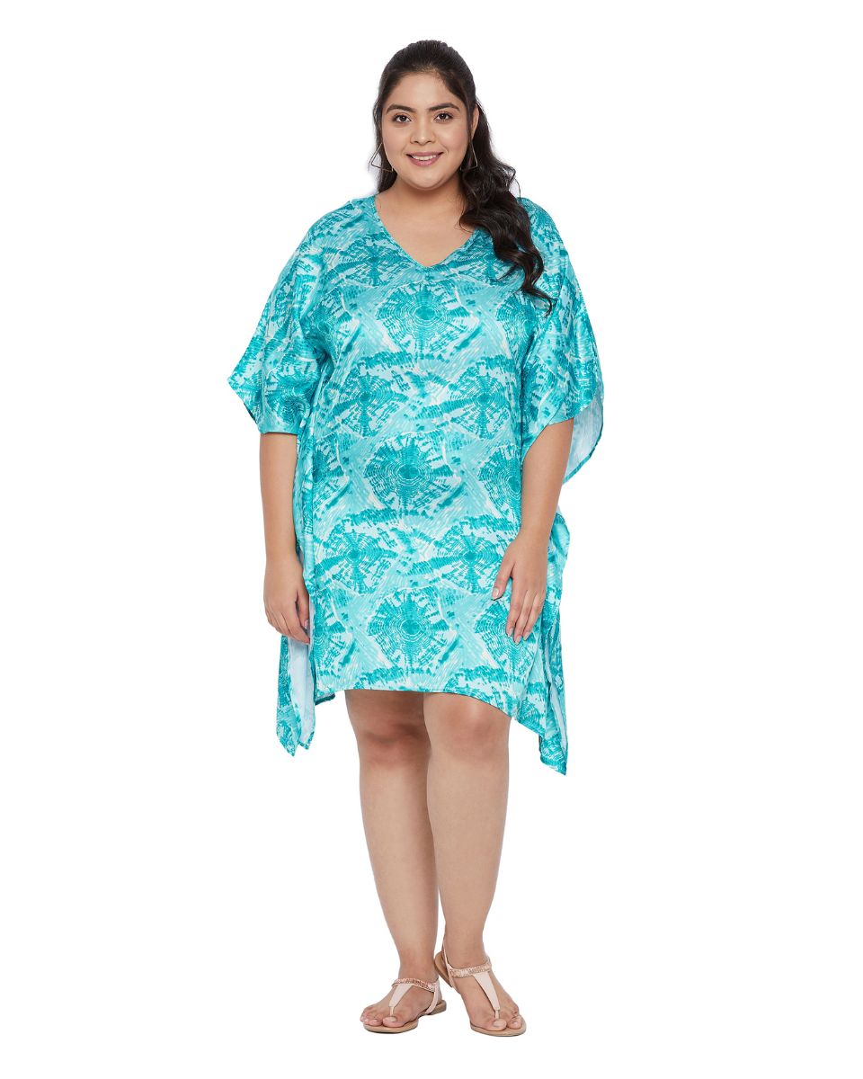 Sea Green Poly Satin Printed Plus Size V-Neck Tunic For Women