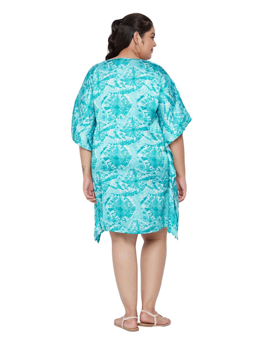 Sea Green Poly Satin Printed Plus Size V-Neck Tunic For Women