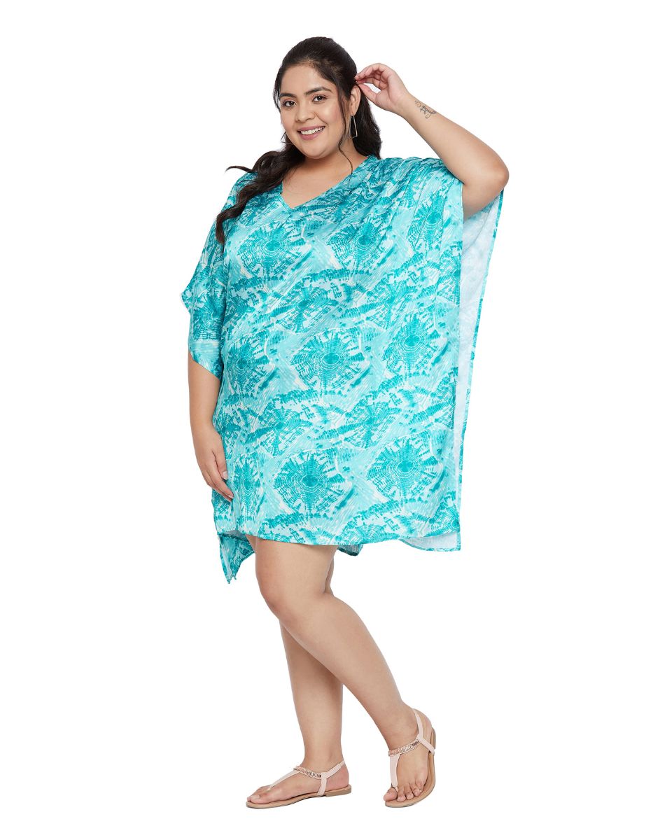 Sea Green Poly Satin Printed Plus Size V-Neck Tunic For Women