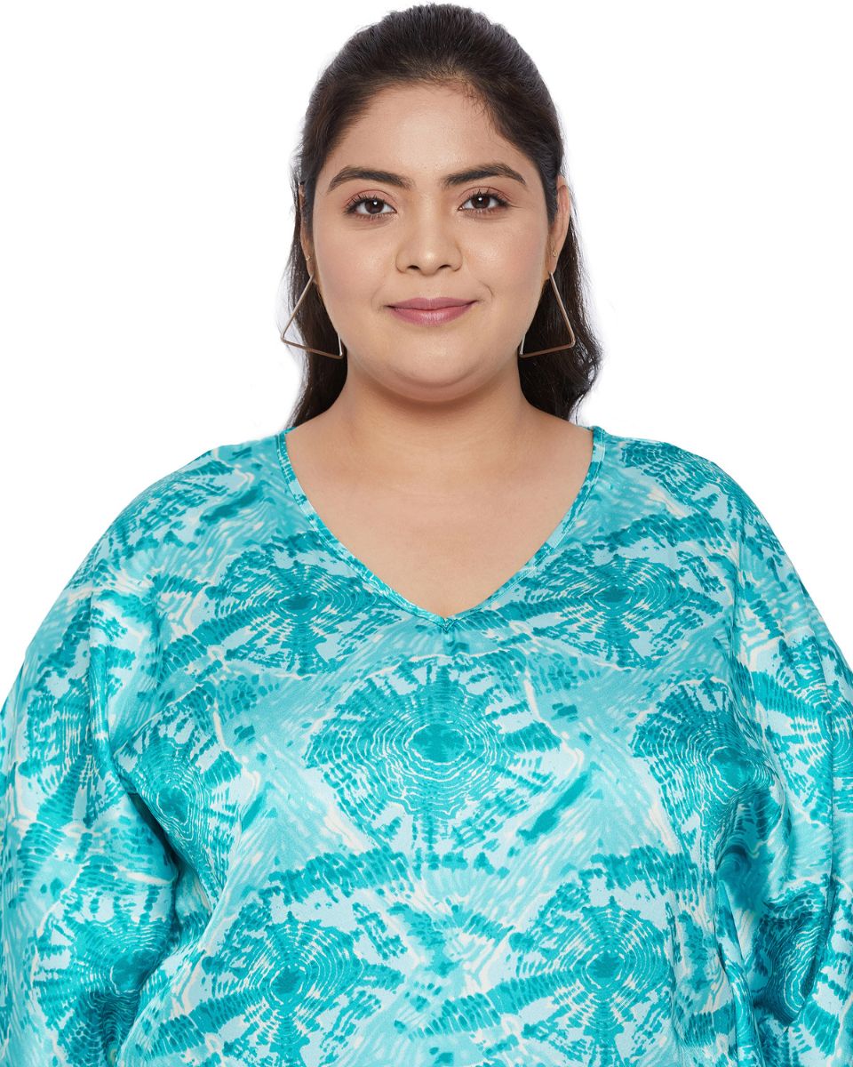 Sea Green Poly Satin Printed Plus Size V-Neck Tunic For Women