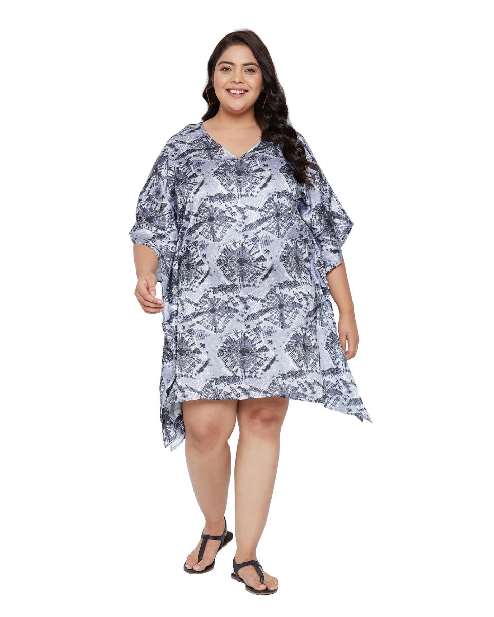 Satin Gray Poly Printed Plus Size V-Neck Tunic For Women