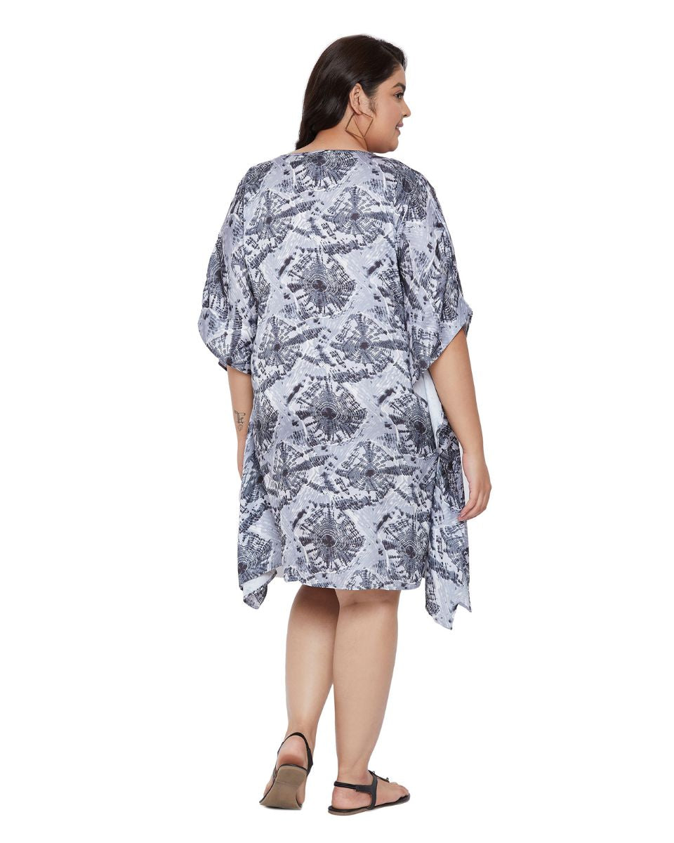 Satin Gray Poly Printed Plus Size V-Neck Tunic For Women