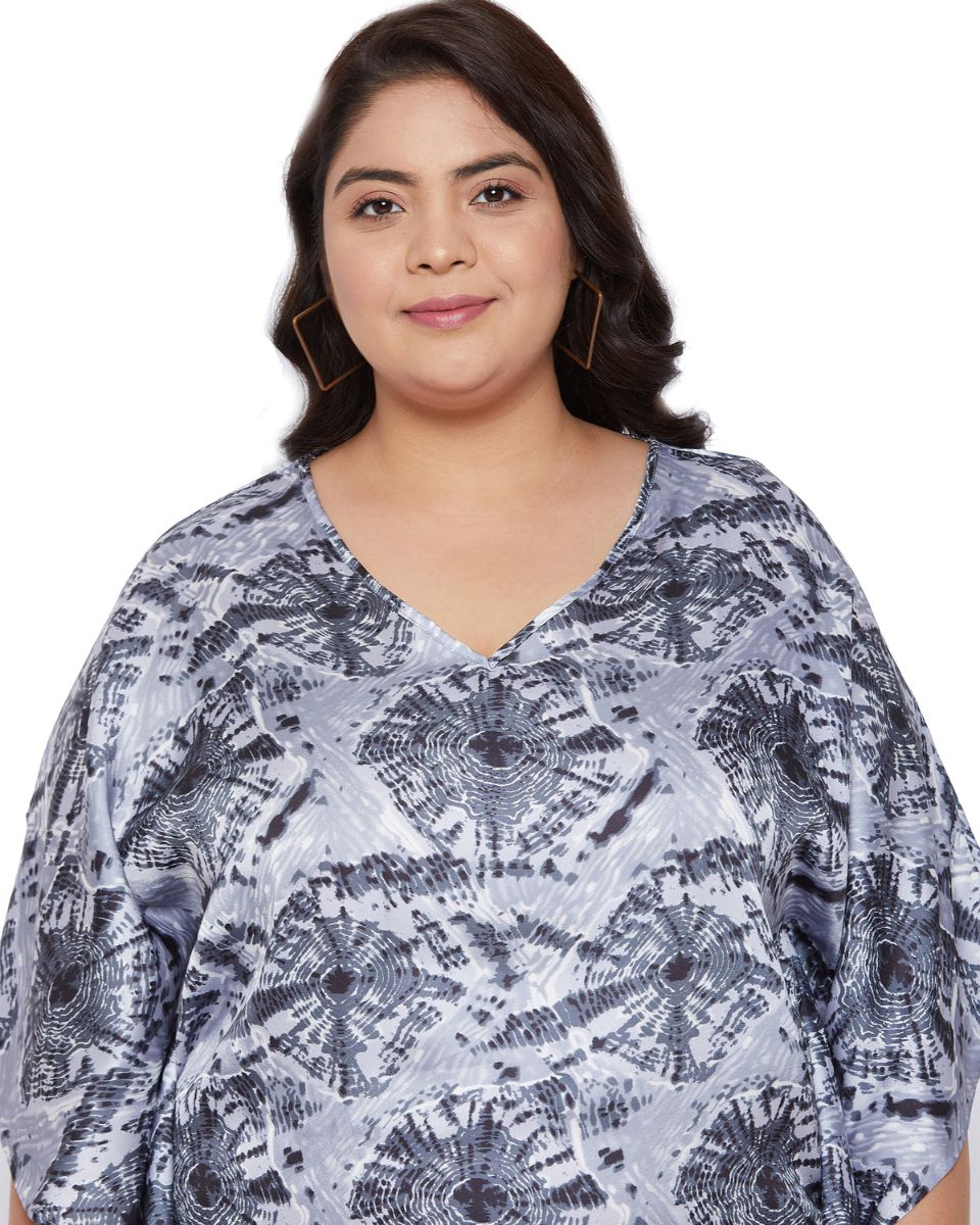 Satin Gray Poly Printed Plus Size V-Neck Tunic For Women