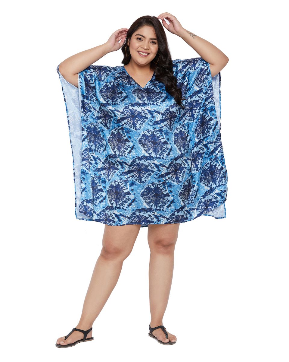 Navy Blue Poly Satin Printed Plus Size V-Neck Mini Tunic For Women