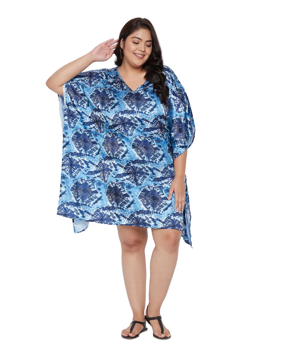 Navy Blue Poly Satin Printed Plus Size V-Neck Mini Tunic For Women