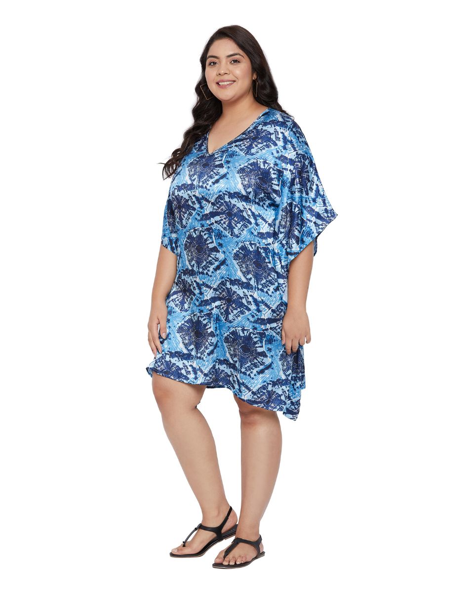 Navy Blue Poly Satin Printed Plus Size V-Neck Mini Tunic For Women