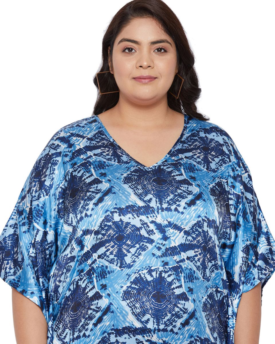 Navy Blue Poly Satin Printed Plus Size V-Neck Mini Tunic For Women