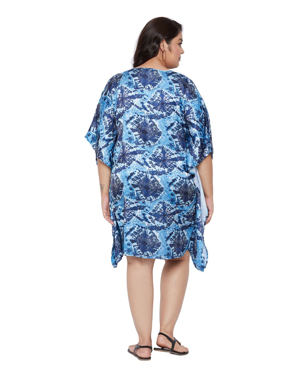 Navy Blue Poly Satin Printed Plus Size V-Neck Mini Tunic For Women