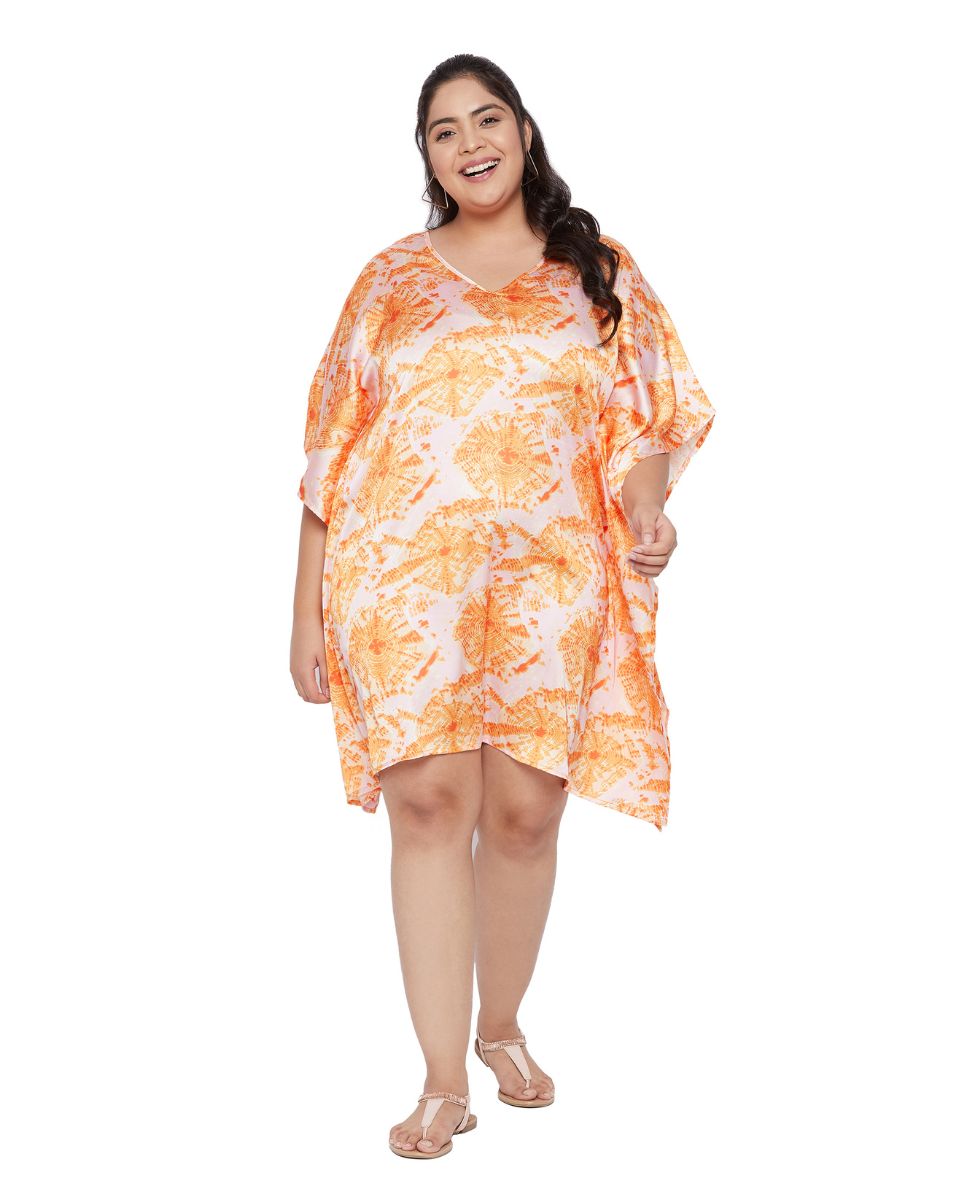 Orange Poly Satin Printed Plus Size V-Neck Tunic For Women