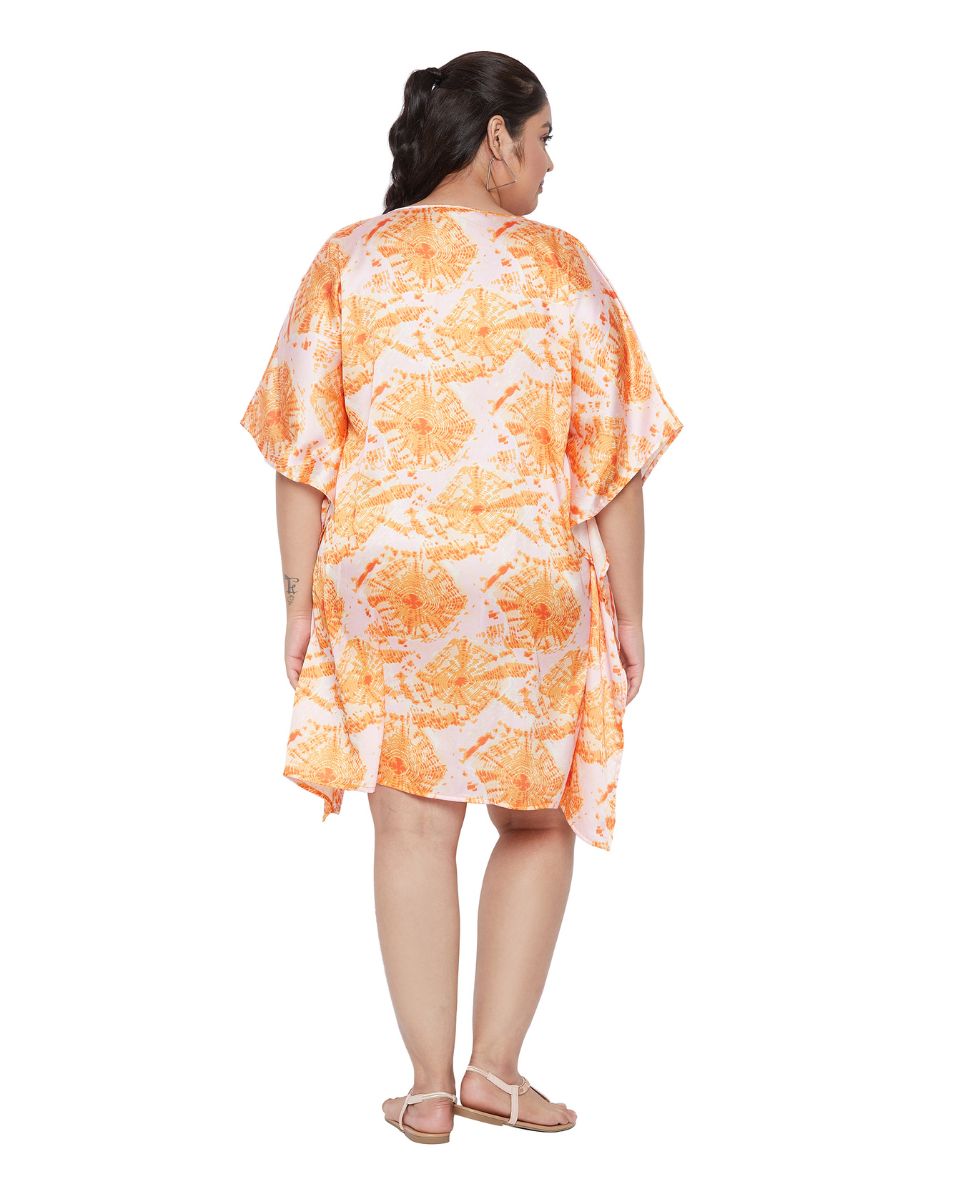 Orange Poly Satin Printed Plus Size V-Neck Tunic For Women