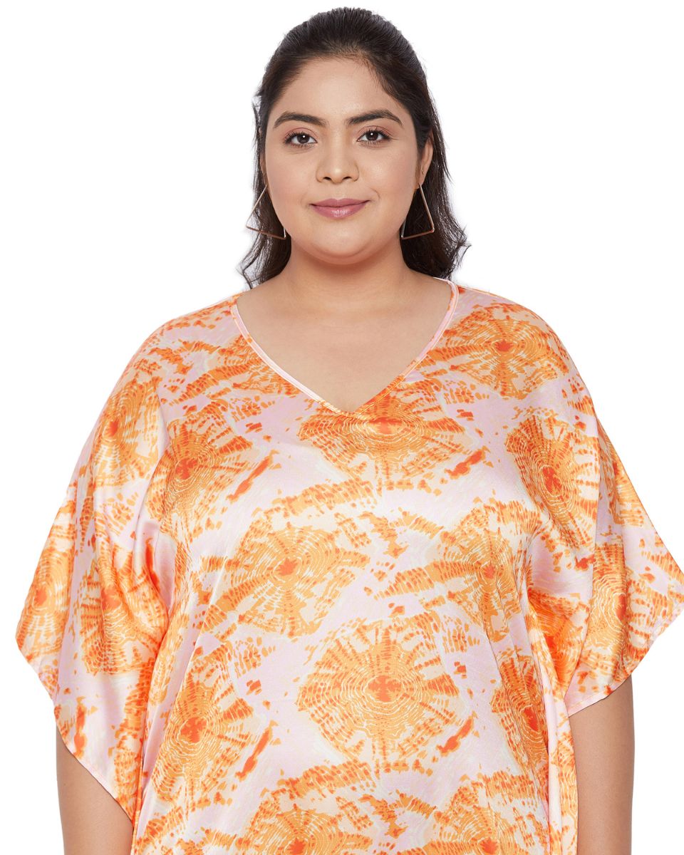 Orange Poly Satin Printed Plus Size V-Neck Tunic For Women