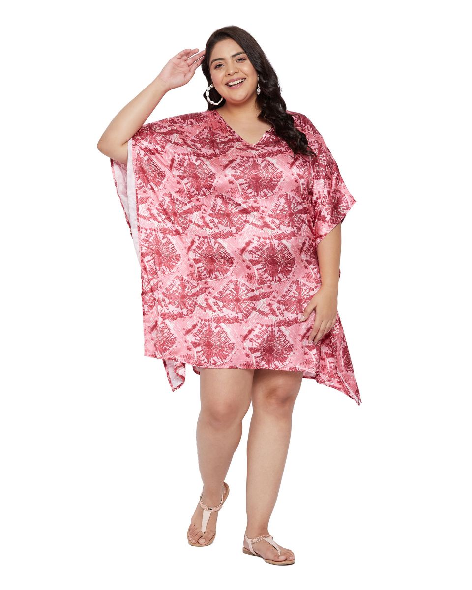 Poly Satin Pink Printed Plus Size V-Neck Mini Tunic For Women