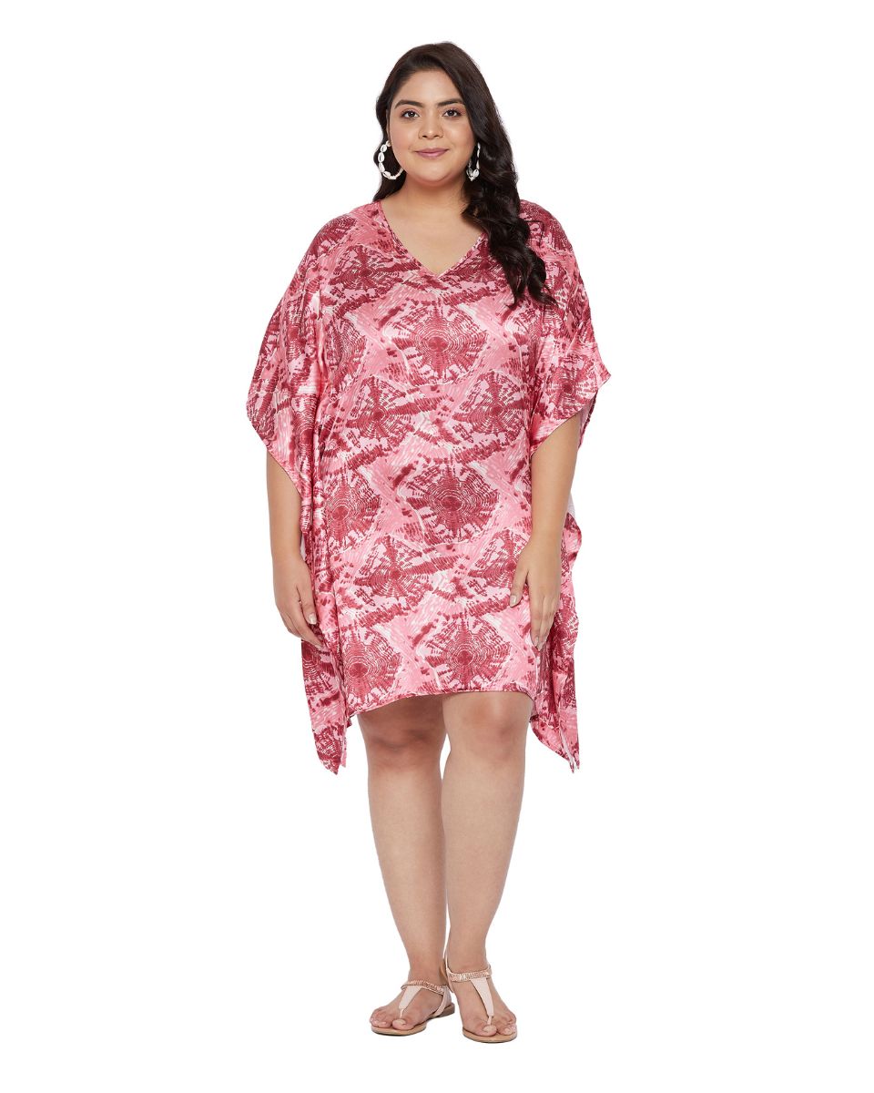 Poly Satin Pink Printed Plus Size V-Neck Mini Tunic For Women