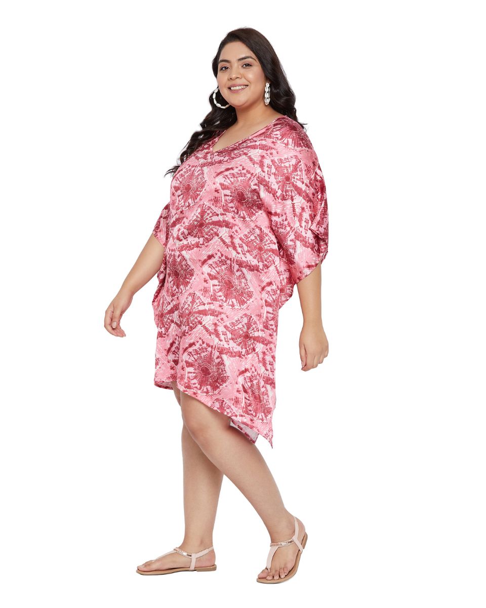 Poly Satin Pink Printed Plus Size V-Neck Mini Tunic For Women