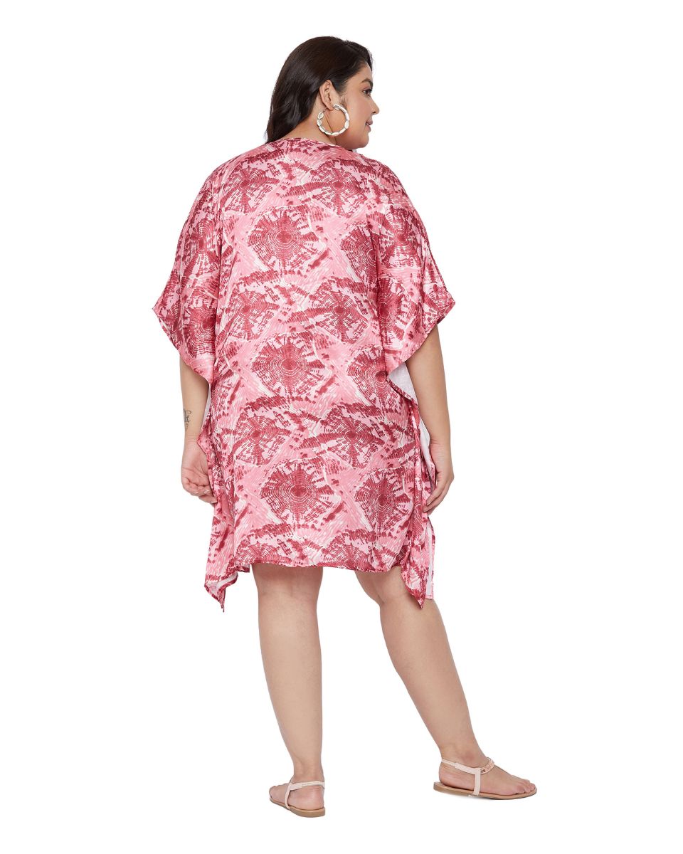 Poly Satin Pink Printed Plus Size V-Neck Mini Tunic For Women