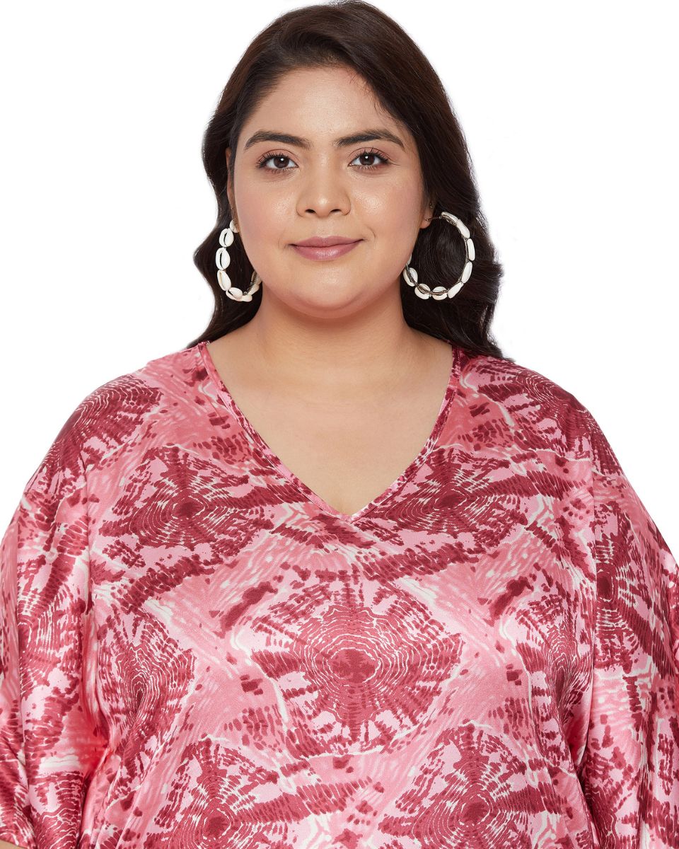 Poly Satin Pink Printed Plus Size V-Neck Mini Tunic For Women