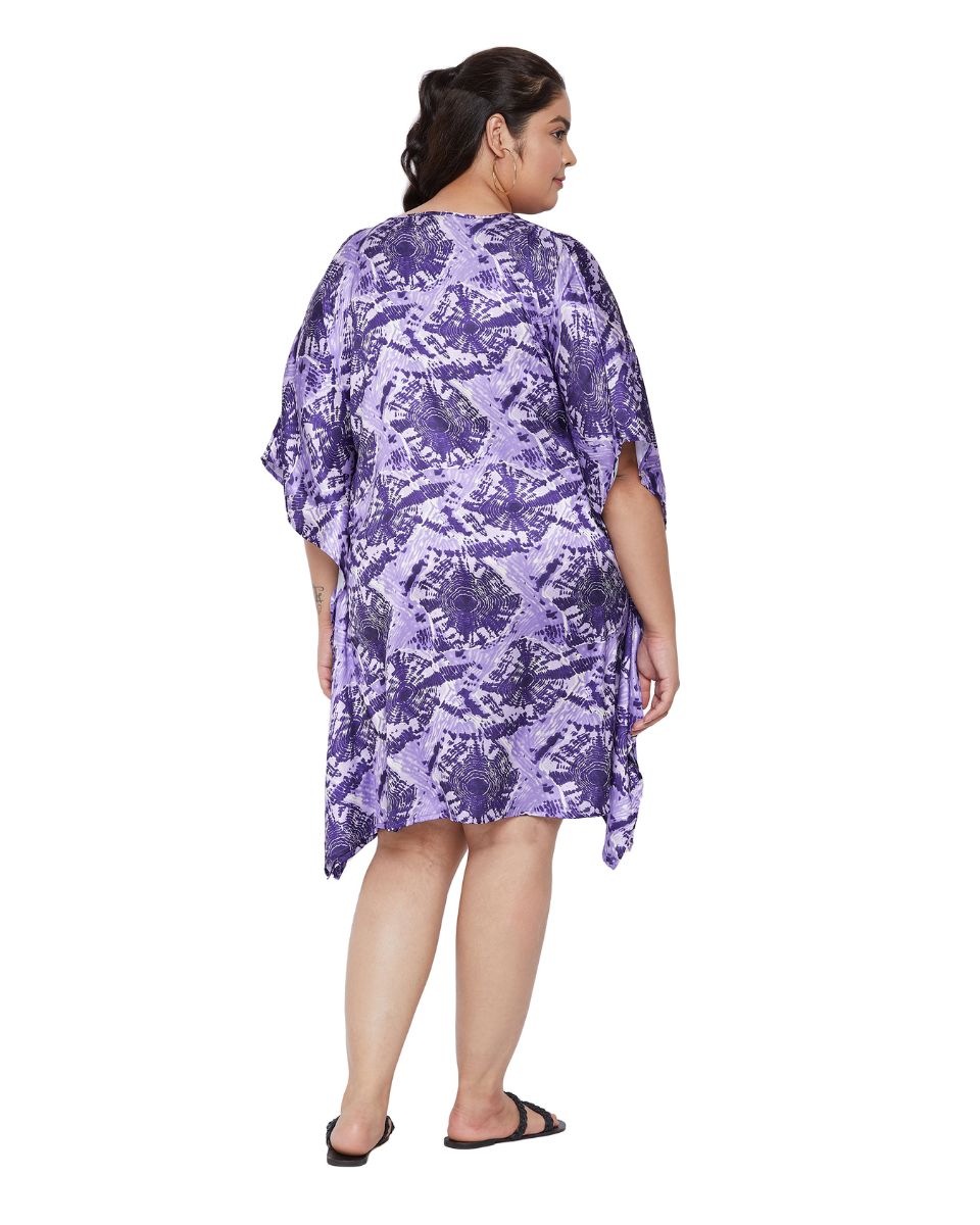 Top Poly Satin Purple Printed Plus Size Mini Tunic For Women