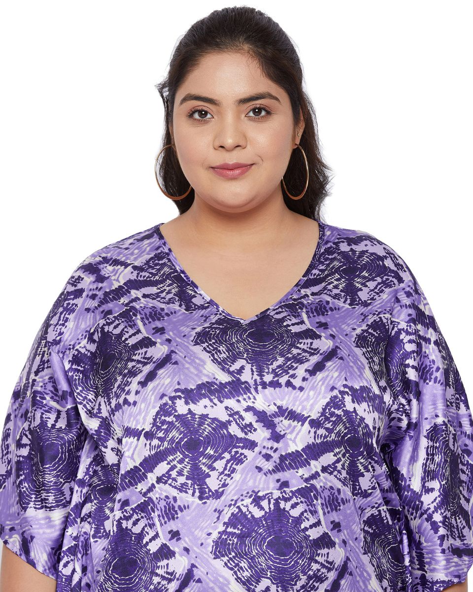 Top Poly Satin Purple Printed Plus Size Mini Tunic For Women